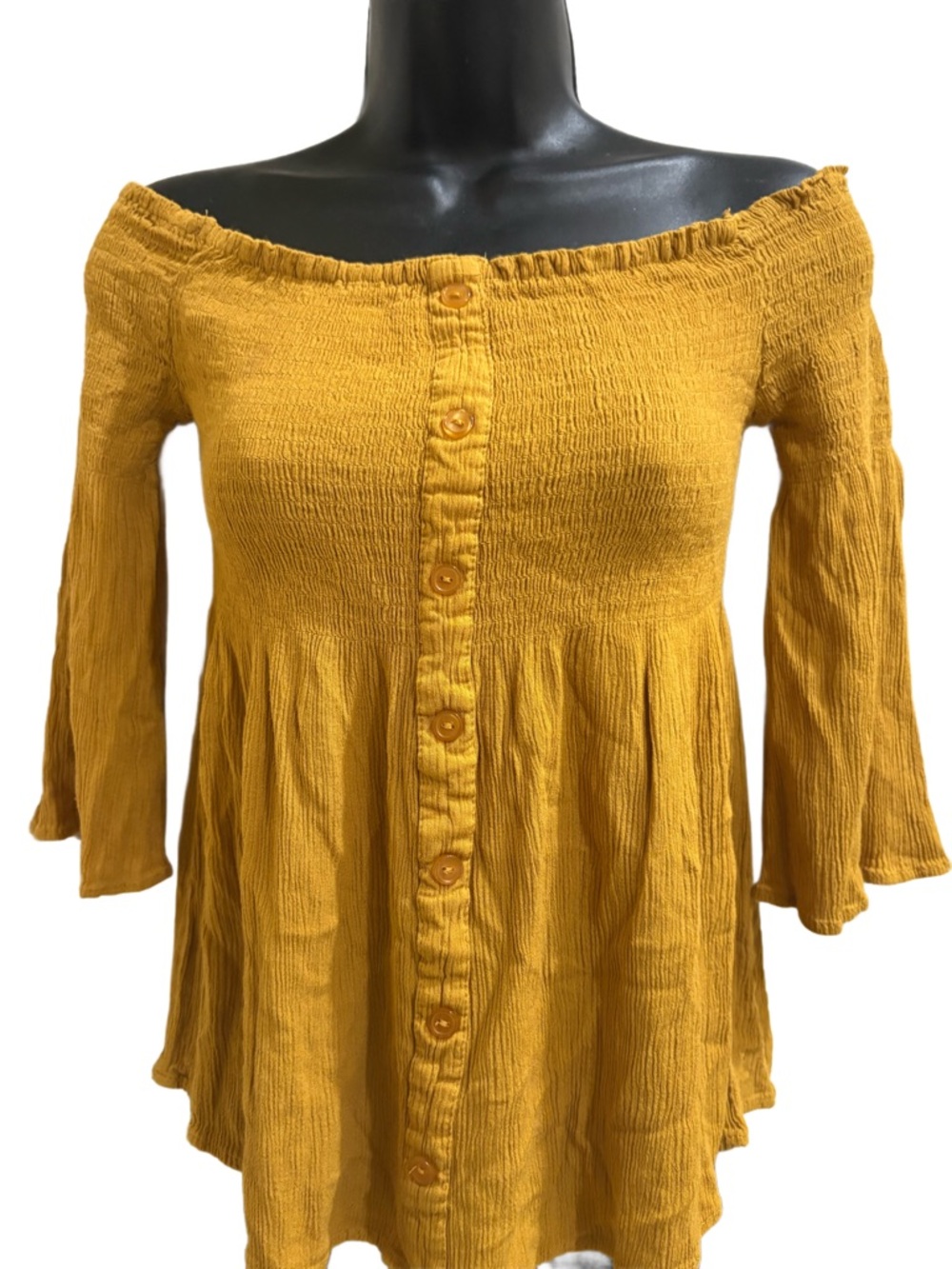 Mustard Off-Shoulder Button Front Peasant Top❤️